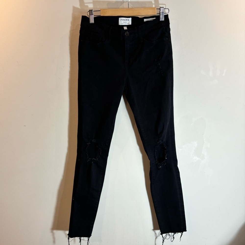 FRAME Sz 28 Le Skinny De Jeanne Crop Busted Knee Raw Hem  Jeans Black